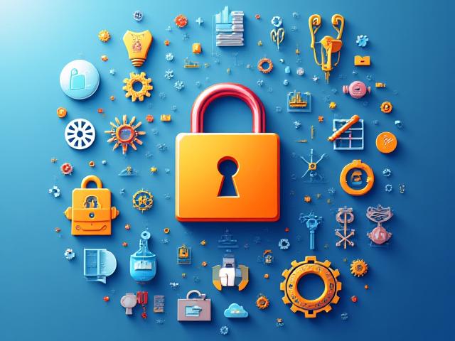 知的財産権を示すイラスト：様々な分野の専門知識を表すアイコンが羅列され、中央に南京錠が掛けられています。